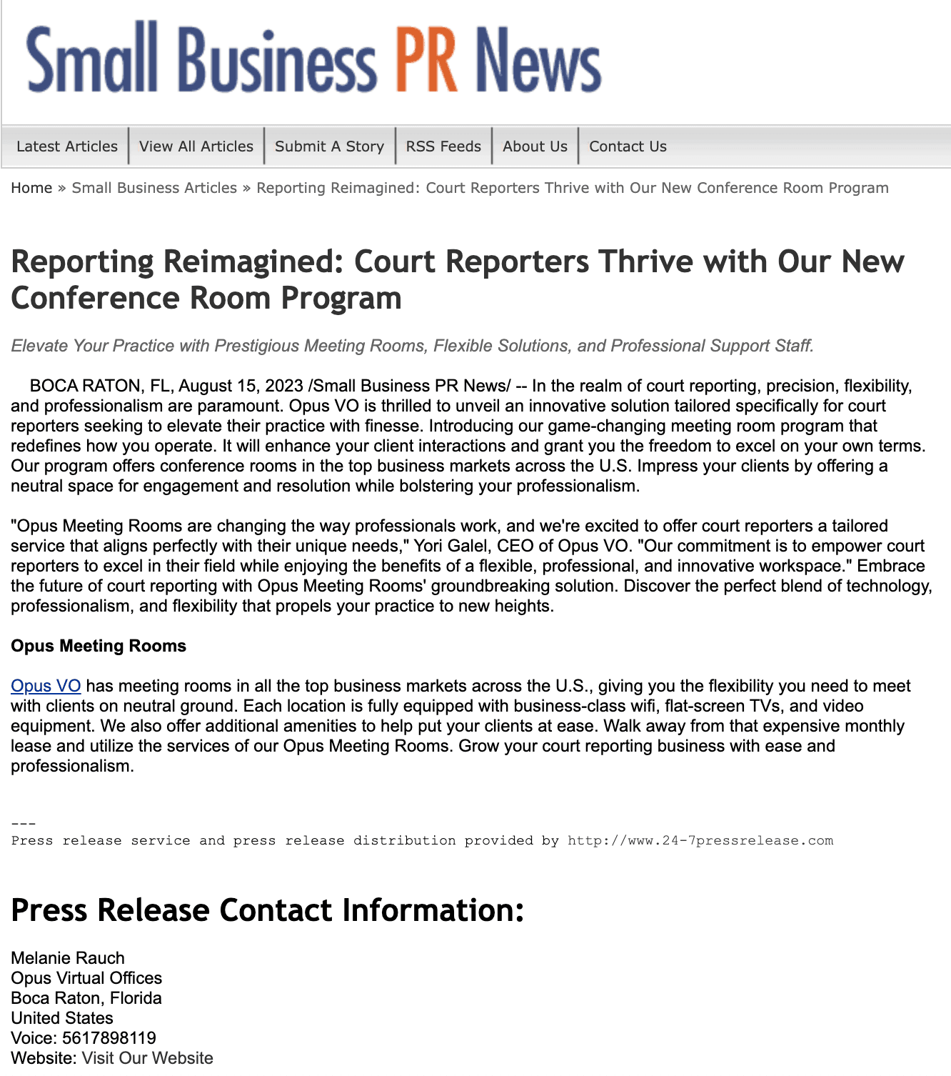 "Small Business PR News" featuring a press release about Opus Virtual Offices.