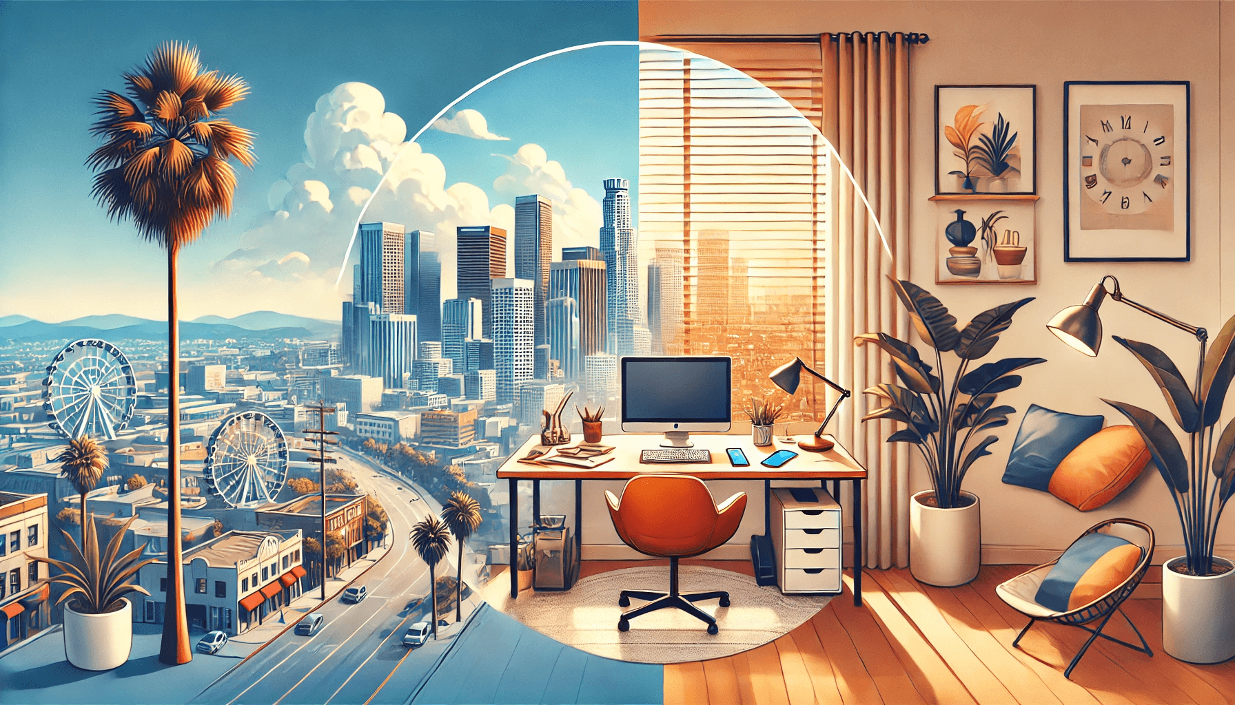 Experience the benefits of a virtual office in Los Angeles, reducing costs while enhancing business credibility. The image features a modern office setup with a laptop displaying virtual office services such as mail handling, call answering, and conference room access. A sleek city skyline in the background represents LA’s thriving startup scene. Designed with a professional blue, gray, and white color scheme, the visual conveys efficiency, growth, and the flexibility of a virtual office—helping businesses scale without the burden of a full-time lease.