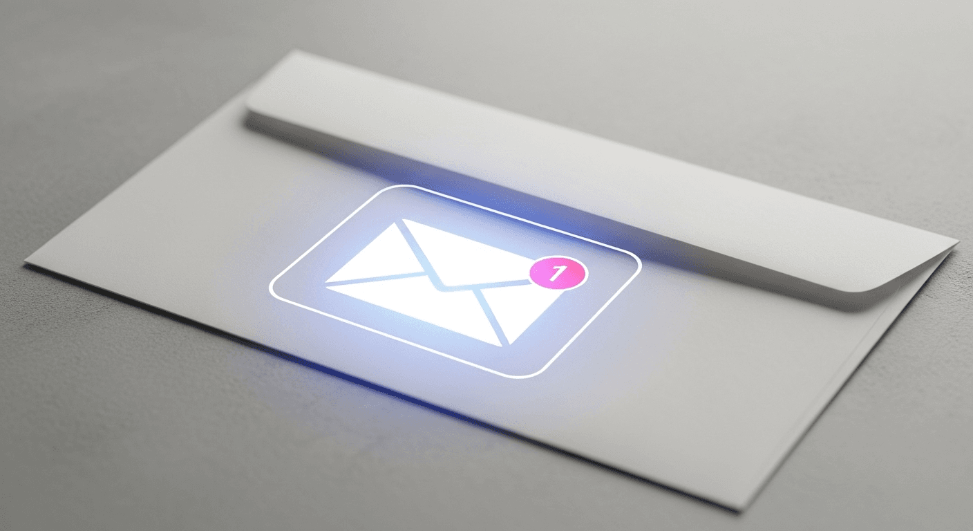 Closeup of a physical envelope with a glowing new mail icon overlay symbolizing Opus Virtual Office digital mail alerts