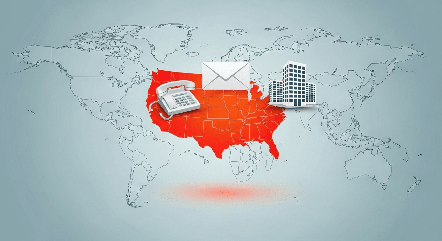 Map highlighting the United States in red with icons for mail phone and office buildings representing Opus Virtual Office services on a global background