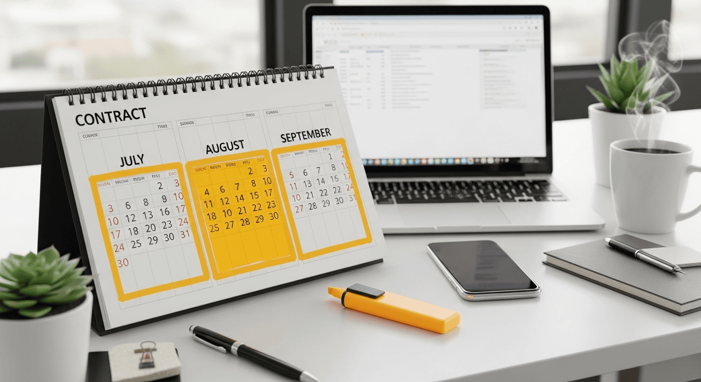 Desk with calendar showing contract months highlighted across July August and September next to laptop and office items representing Opus Virtual Office planning