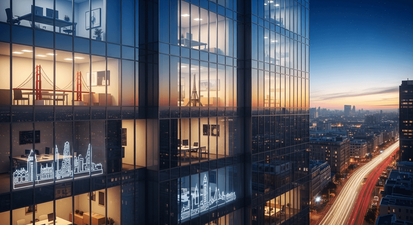 Modern Opus Virtual Office with international city skyline views at sunset