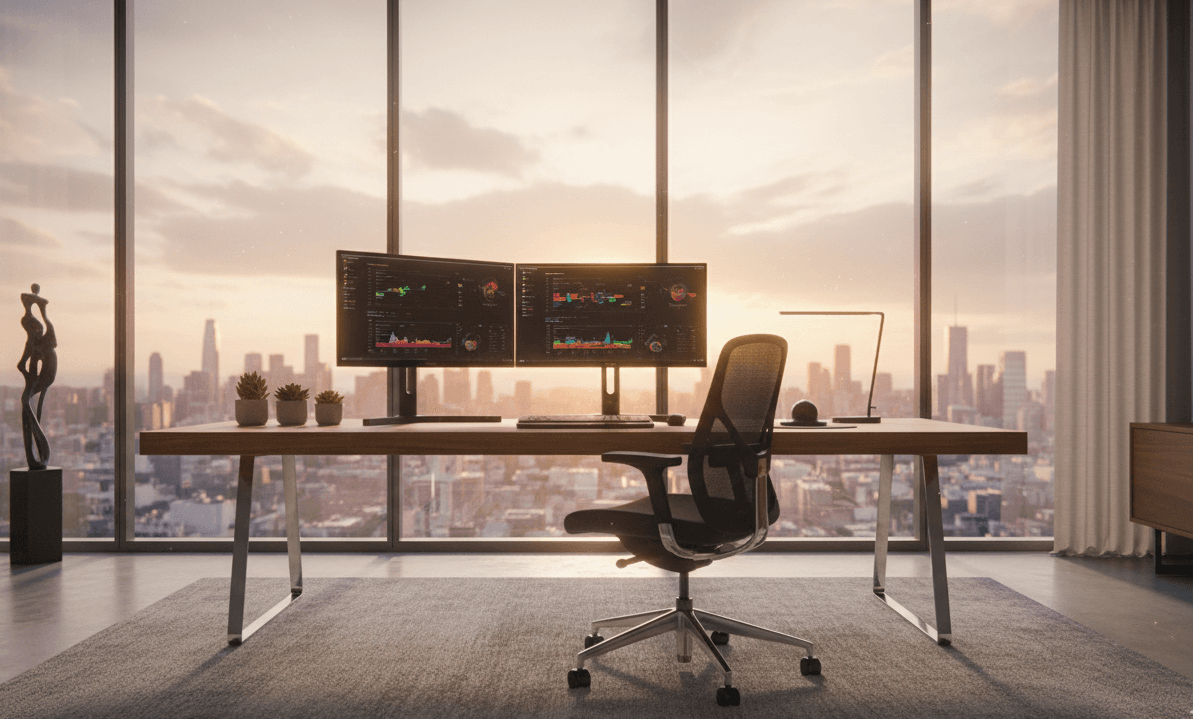 Modern executive workspace with dual monitors and a panoramic city skyline at sunset, illustrating the premium atmosphere of Opus Virtual Office locations.