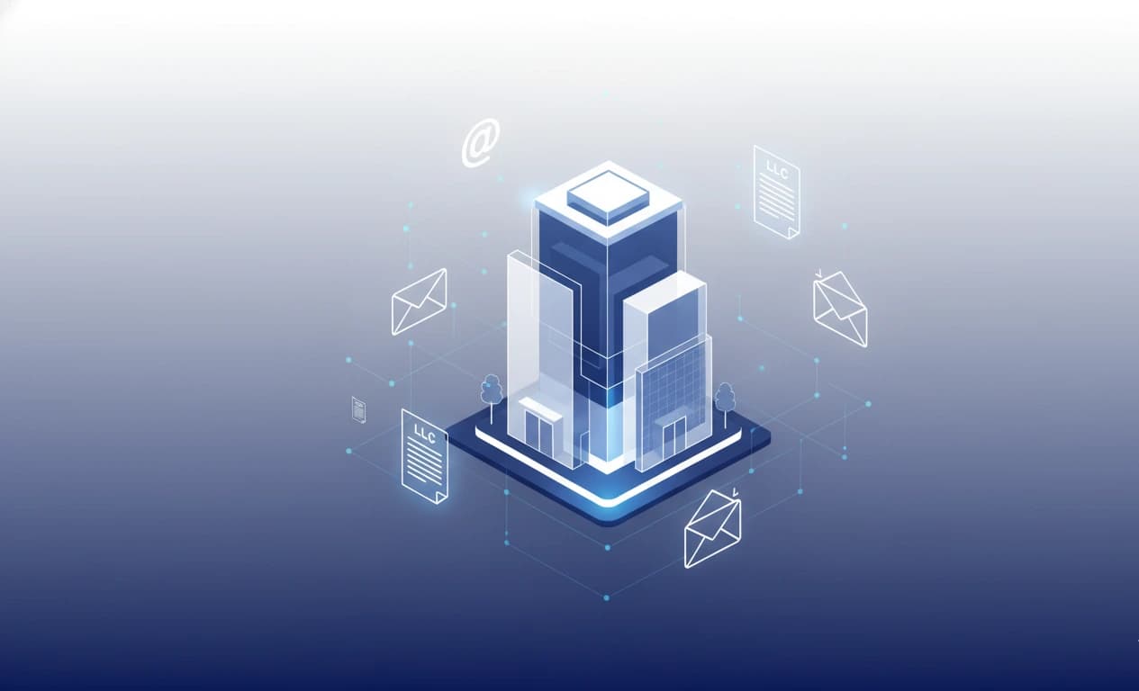 Digital illustration of a virtual office building surrounded by mail icons and LLC documents representing Opus Virtual Office services