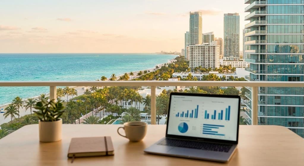 Laptop on balcony desk with ocean and city skyline view in Miami