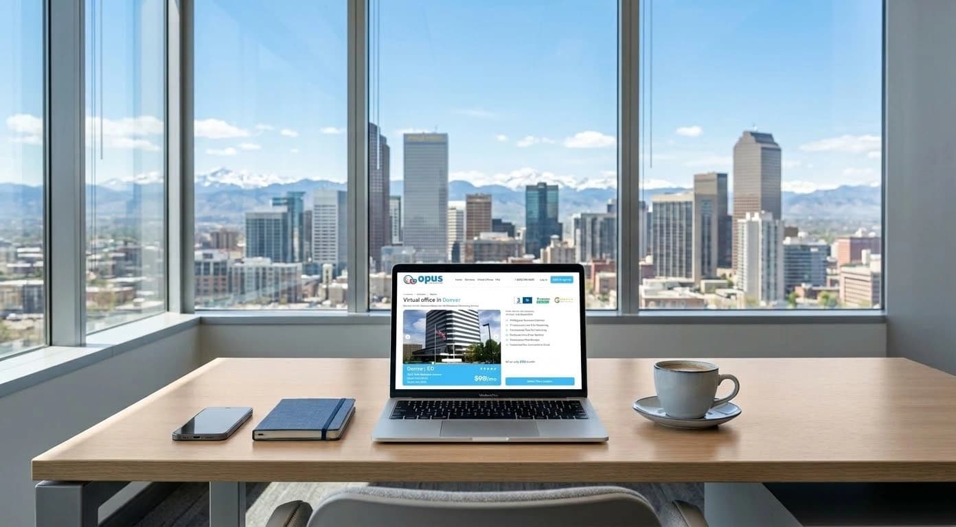 Laptop on a desk displaying a virtual office website with a city skyline visible through large office windows.