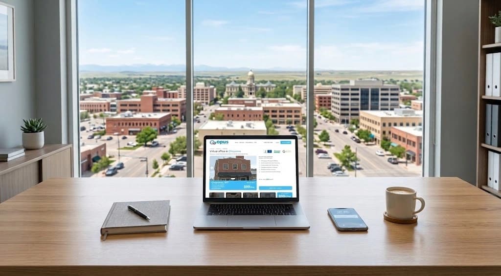 Laptop displaying virtual office website on desk with downtown Cheyenne view