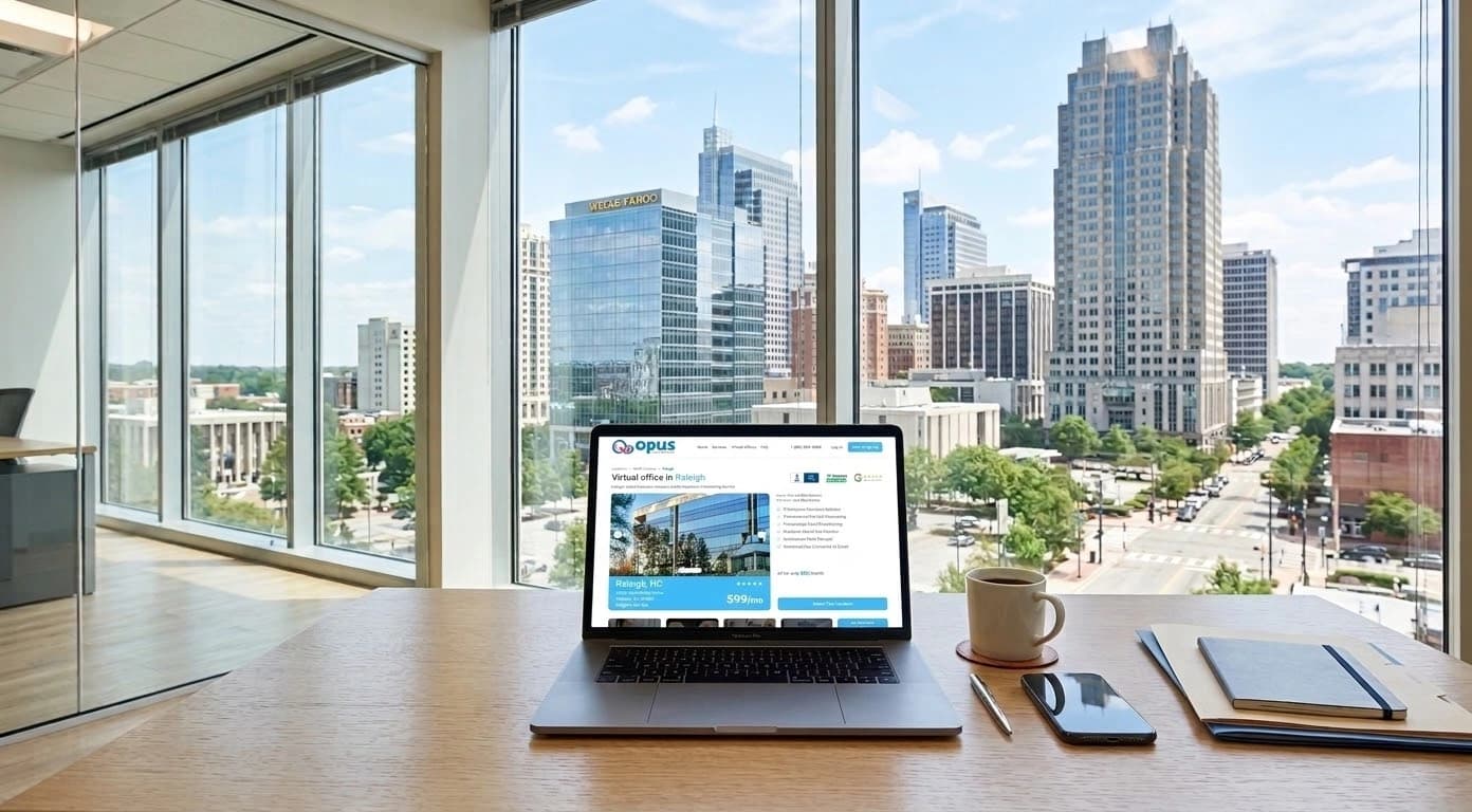 Laptop displaying virtual office services with Raleigh skyline view