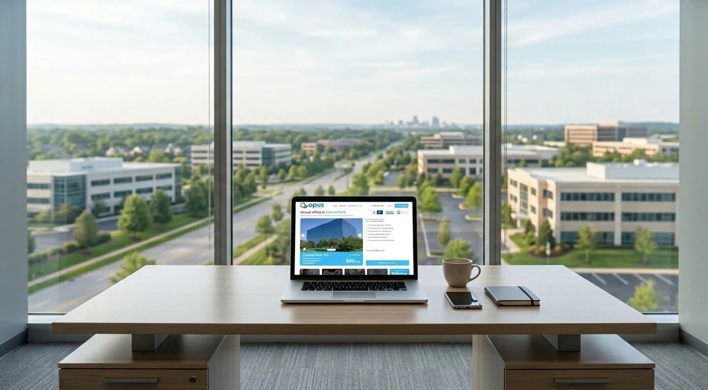 Laptop displaying Opus Virtual Offices Chesterfield Missouri website at a desk overlooking the Chesterfield office park