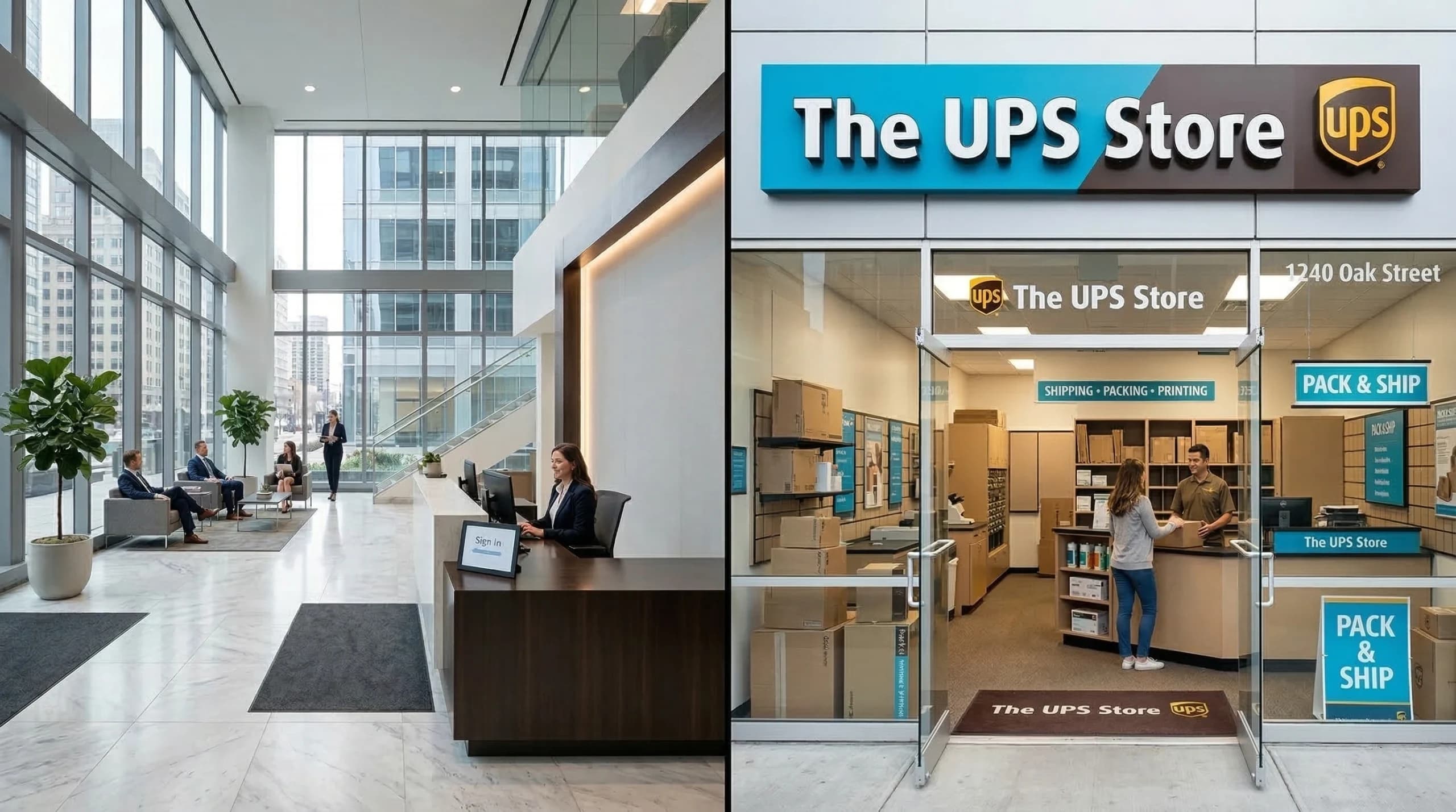 Comparison of a prestigious virtual office building lobby versus a UPS Store mailbox address showing the difference in business addresses