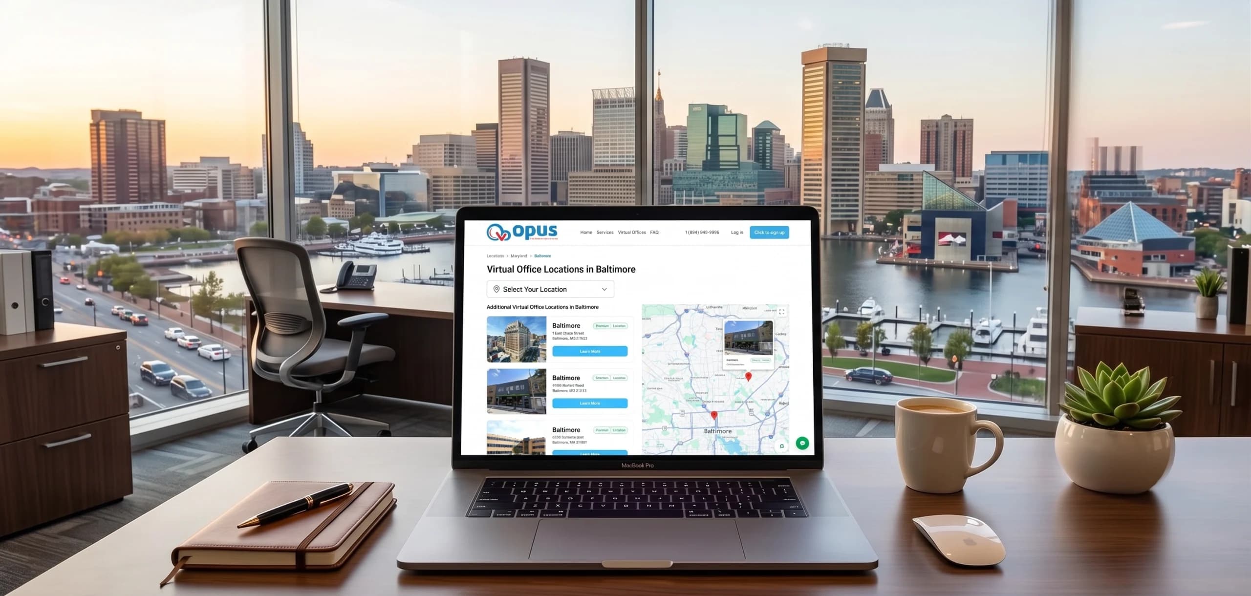 Laptop showing Baltimore virtual office locations with Inner Harbor skyline view