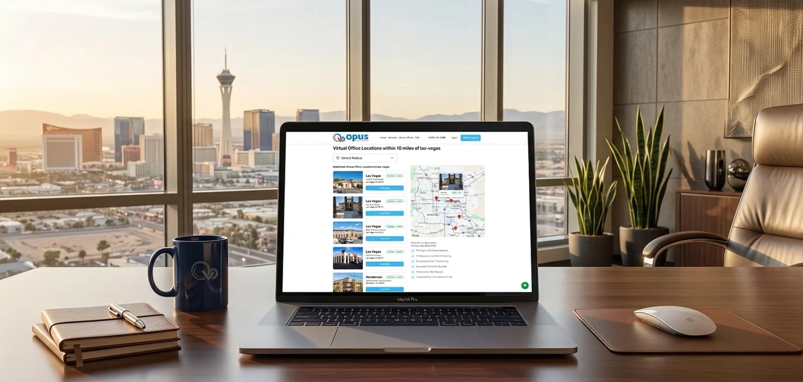 Laptop displaying virtual office locations with Las Vegas skyline view from a modern office