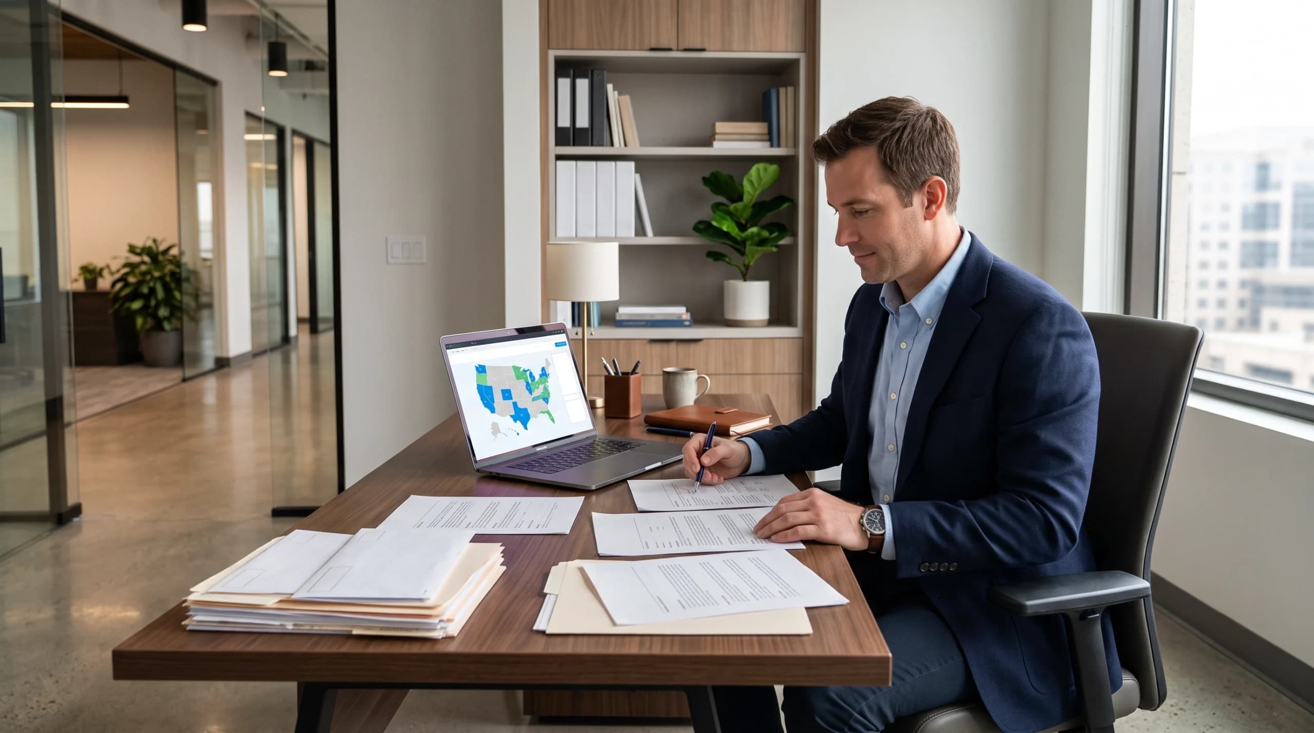Professional man in a blue blazer reviewing documents at a desk with a laptop displaying a map of the United States