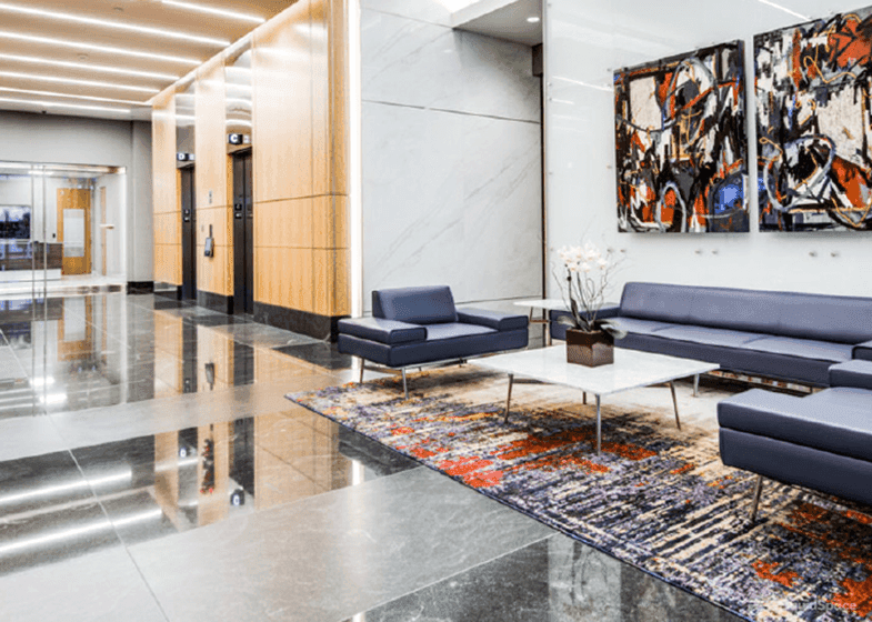 Lobby area of building that houses Opus Virtual Offices located in Frisco, Texas