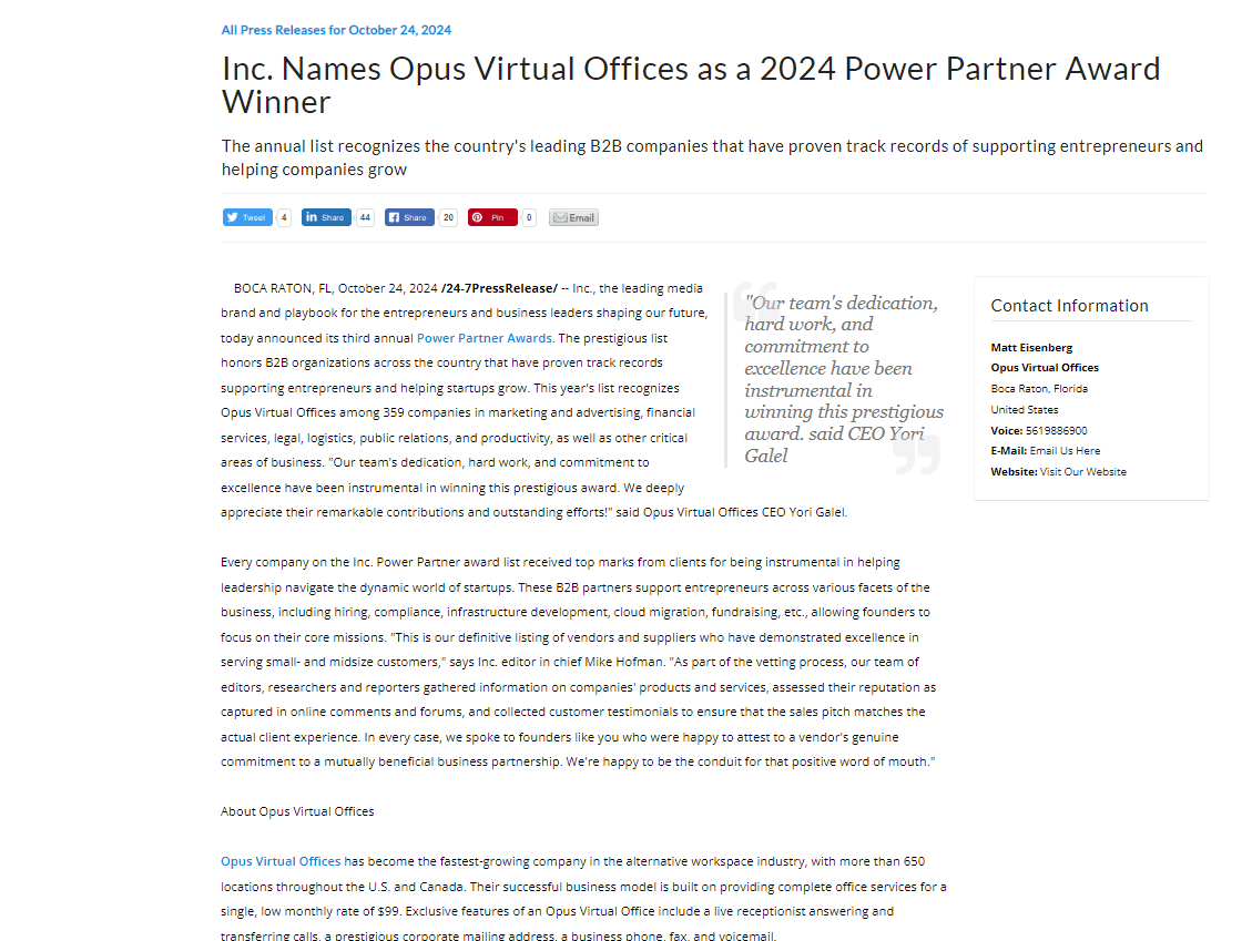 Inc. Names Opus Virtual Offices as a 2024 Power Partner Award Winner