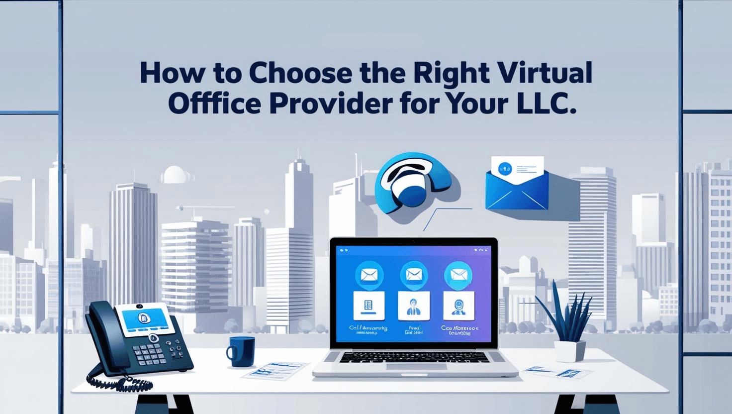 Illustration of a modern virtual office for your LLC, featuring a sleek desk with a laptop displaying a digital dashboard for essential services like call answering, mail handling, and conference room booking. Floating icons of a telephone, envelope, and calendar emphasize key virtual office features. In the background, a stylized city skyline with high-rise buildings represents a prestigious business address. The design uses a cool, professional color palette of blues, grays, and white, conveying efficiency, reliability, and the benefits of choosing the right virtual office for your LLC.