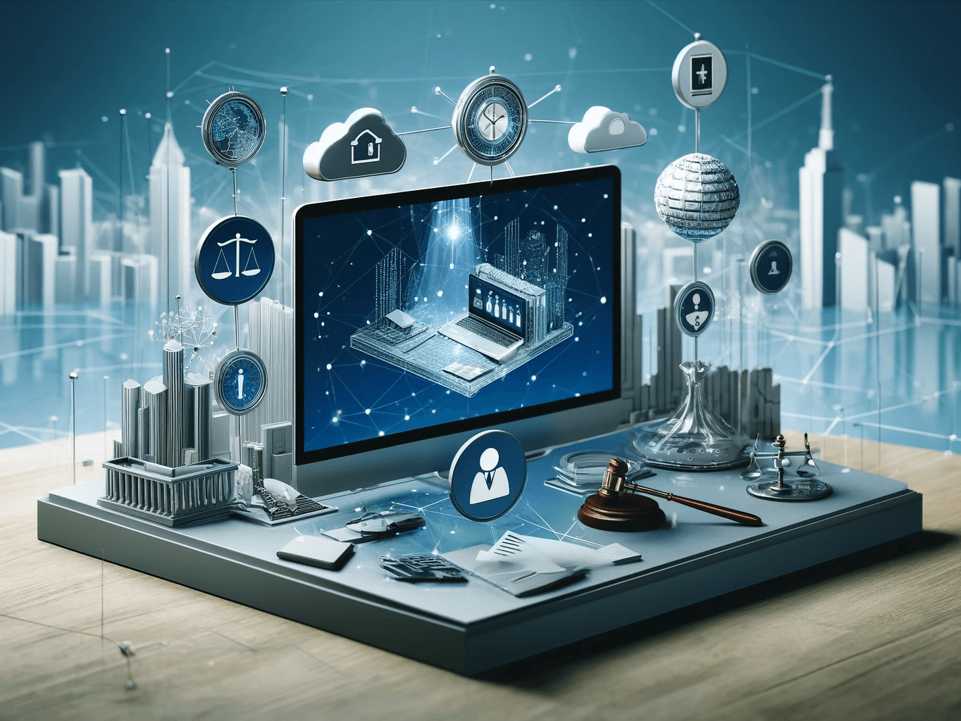 Futuristic Virtual Law Office setup featuring a sleek workspace with a laptop displaying a digital interface for cloud computing, secure data management, and virtual meetings. Floating legal icons, including a gavel, scales of justice, and law books, emphasize the digital transformation of the legal industry. The background showcases a stylized city skyline with interconnected lines and nodes, symbolizing connectivity, security, and innovation in modern legal practices. The professional color palette of blues, grays, and whites conveys trust, efficiency, and the evolution of the Virtual Law Office in 2025.