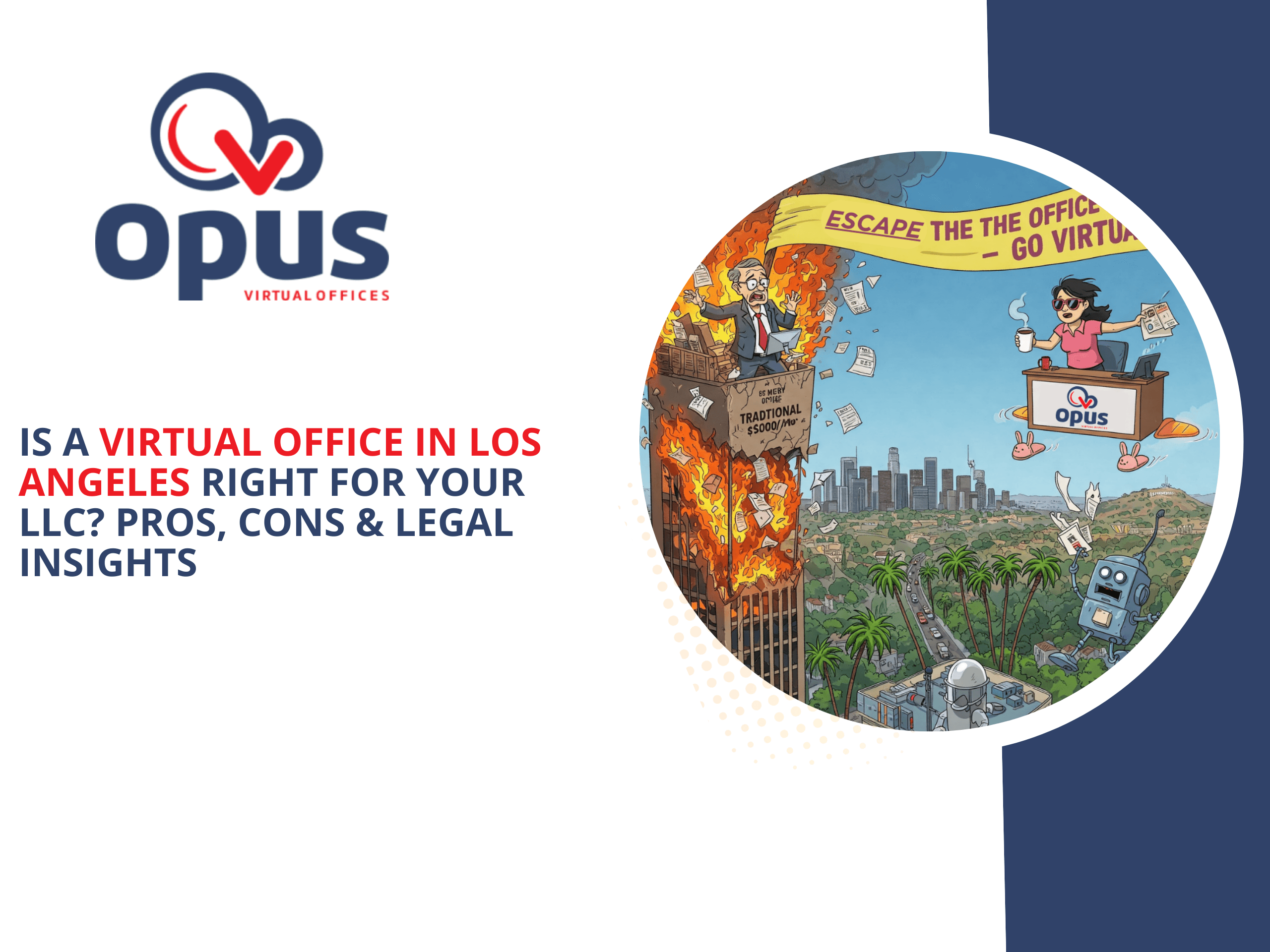 Promotional blog graphic for “Is a Virtual Office in Los Angeles Right for Your LLC? Pros, Cons & Legal Insights” by Opus Virtual Offices. The image features a cartoon comparison between expensive traditional office space and a stress-free virtual office. A burning skyscraper labeled “Traditional $5000/mo Office” contrasts with a flying desk labeled “Opus” carrying a relaxed professional above the Los Angeles skyline. A banner reads “Escape the Office Madness – Go Virtual!” visually reinforcing the benefits of choosing a virtual office in Los Angeles.