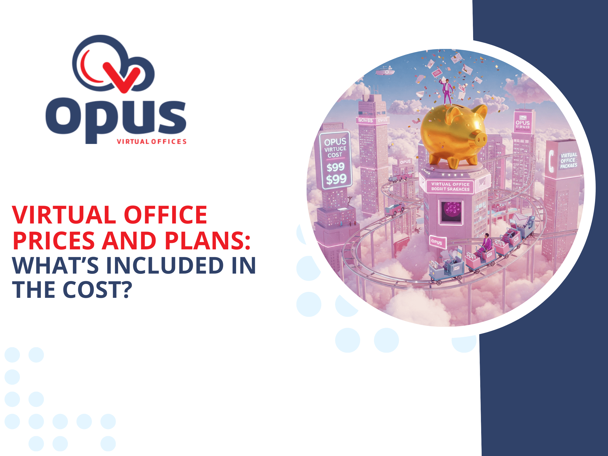 A whimsical, futuristic cityscape floating among pink clouds, with a giant golden piggy bank on a rollercoaster track displaying ‘$99.’ The surrounding skyscrapers read ‘Virtual Office Packages,’ illustrating Opus Virtual Offices’ affordable virtual office prices and cost-saving plans—key topics of the blog post covering how much a virtual address costs, service packages, and overall virtual office benefits.