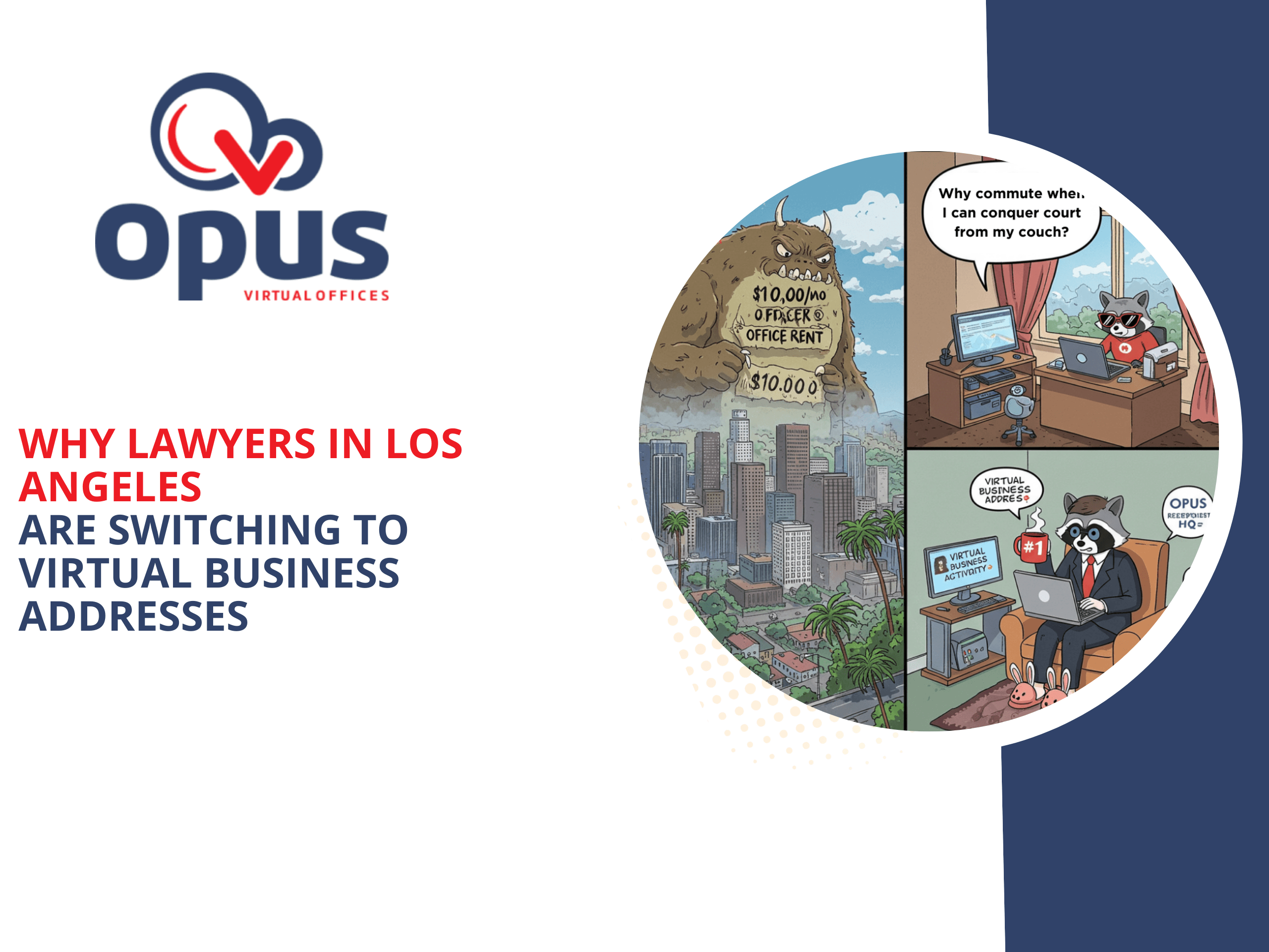 Promotional blog graphic from Opus Virtual Offices titled “Why Lawyers in Los Angeles Are Switching to Virtual Business Addresses.” The image features a cartoon panel with a giant monster labeled "$10,000/mo Office Rent" towering over the LA skyline, contrasted with a raccoon lawyer working remotely in bunny slippers. Speech bubbles highlight the ease and affordability of using a virtual business address in Los Angeles. The design emphasizes cost savings, professionalism, and convenience for law firms switching to virtual offices.