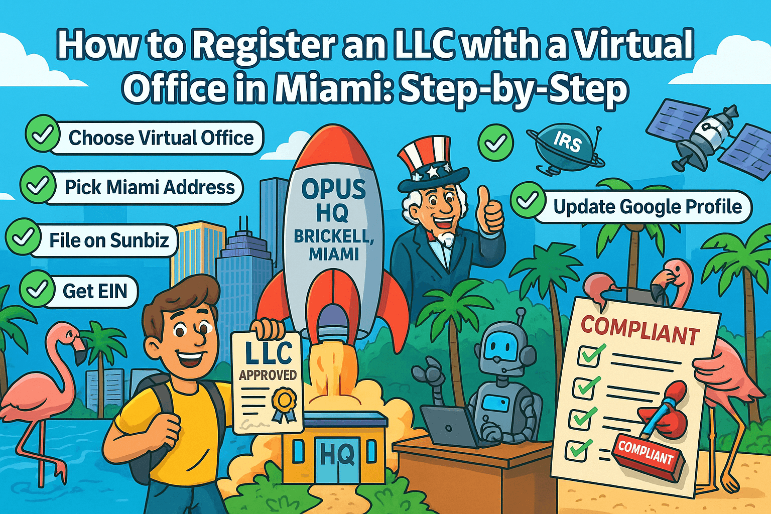 Cartoon-style image of a Miami skyline with palm trees, flamingos, and sunglasses-wearing entrepreneurs celebrating the LLC registration process. A character proudly holds an “LLC Approved” certificate in front of a rocket-shaped virtual office labeled “Opus HQ – Brickell, Miami.” Floating step icons include “Choose Virtual Office,” “Pick Miami Address,” “File on Sunbiz,” “Get EIN,” and “Update Google Profile.” A flamingo in a suit stamps a compliance checklist while a robot receptionist answers phones on the beach. The scene reflects the benefits and ease of registering a business using a virtual office in Miami.