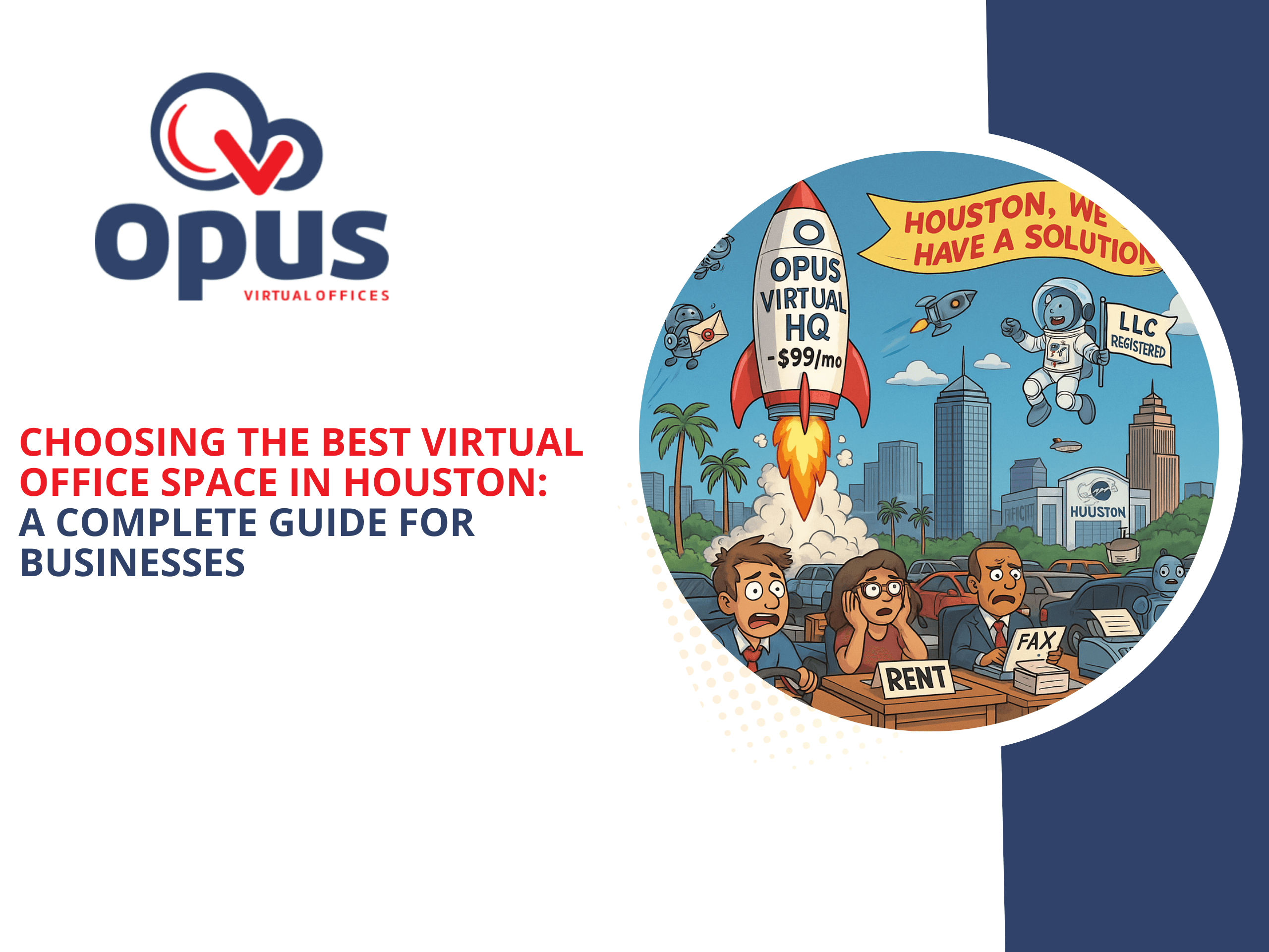 Cartoon-style blog cover image for “Choosing the Best Virtual Office Space in Houston: A Complete Guide for Businesses.” Features a rocket-shaped office labeled “Opus Virtual HQ – $99/mo” launching from the Houston skyline as stressed-out businesspeople sit in traffic surrounded by paperwork labeled “RENT” and “FAX.” A banner in the sky reads “Houston, We Have a Solution,” while a floating astronaut holds a “LLC Registered” flag. The image humorously illustrates the benefits of switching to virtual office space in Houston for affordability, credibility, and business flexibility.