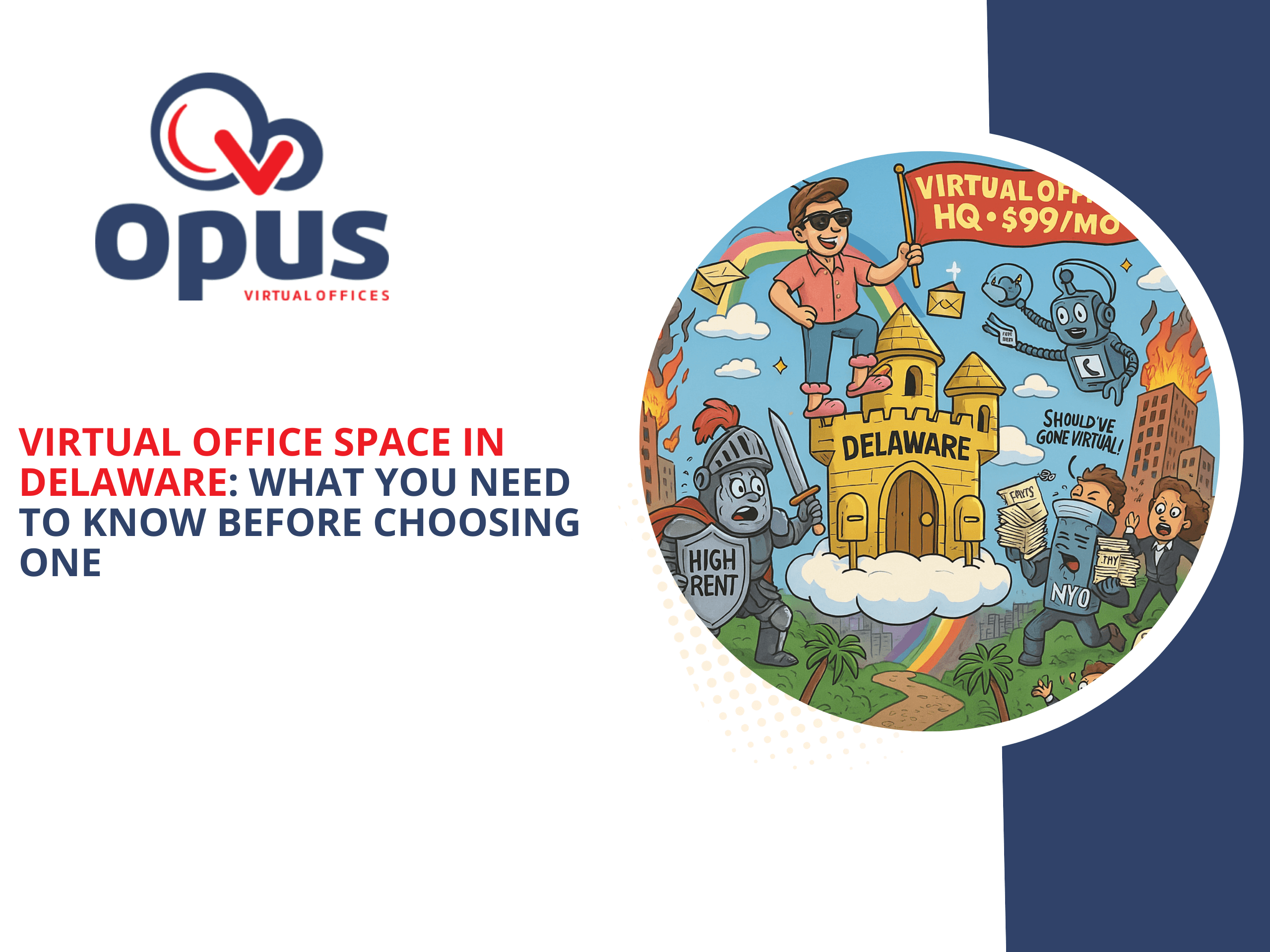 Promotional graphic for the blog “Virtual Office Space in Delaware: What You Need to Know Before Choosing One.” Features a cartoon-style scene of a golden Delaware castle labeled “Virtual Office HQ – $99/mo” floating on a cloud with a rainbow. A happy entrepreneur in bunny slippers waves a flag atop the castle, while robots deliver mail and panicked business figures from “NYC” and “High Rent” flee burning office towers. A speech bubble reads “Should’ve gone virtual!” The image humorously contrasts high-cost traditional offices with the affordable, credible benefits of Delaware virtual office space.