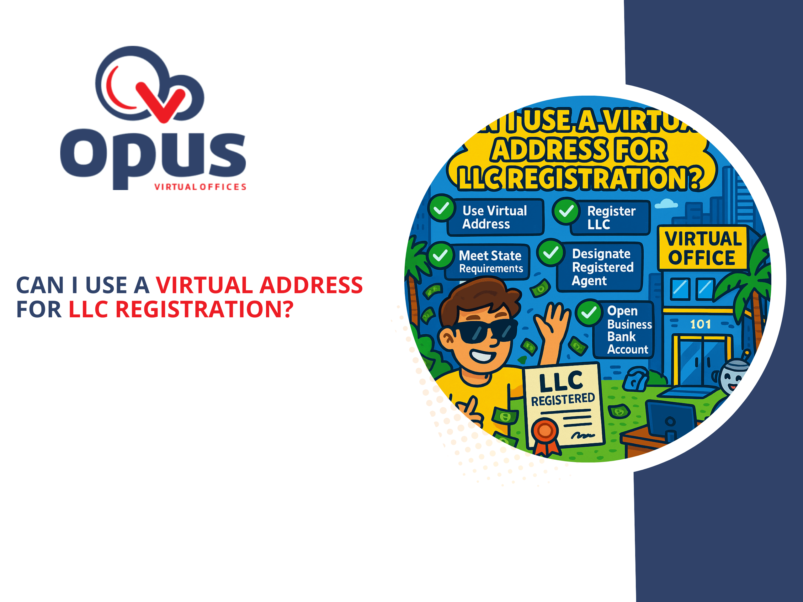 Colorful cartoon-style illustration showing an entrepreneur smiling in front of a virtual office with a certificate labeled “LLC Registered.” Visual checklists include steps like “Use Virtual Address,” “Register LLC,” “Designate Registered Agent,” and “Open Business Bank Account.” The building is labeled “Virtual Office,” and the scene is surrounded by palm trees, flying documents, and digital signage.