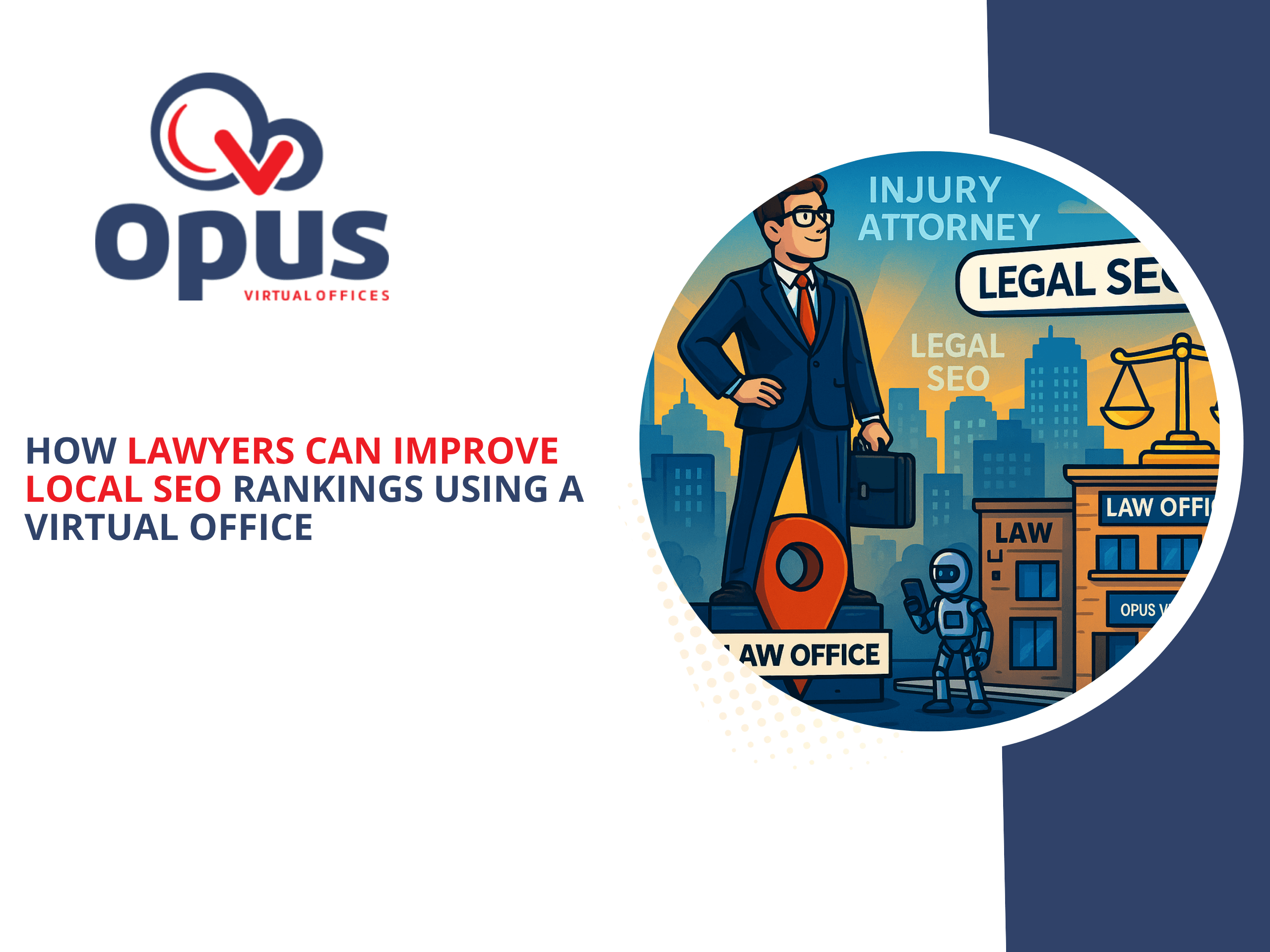 Illustration of a lawyer standing on a location marker in front of a virtual law office building with SEO icons, symbolizing how using a virtual business address can improve local SEO rankings.