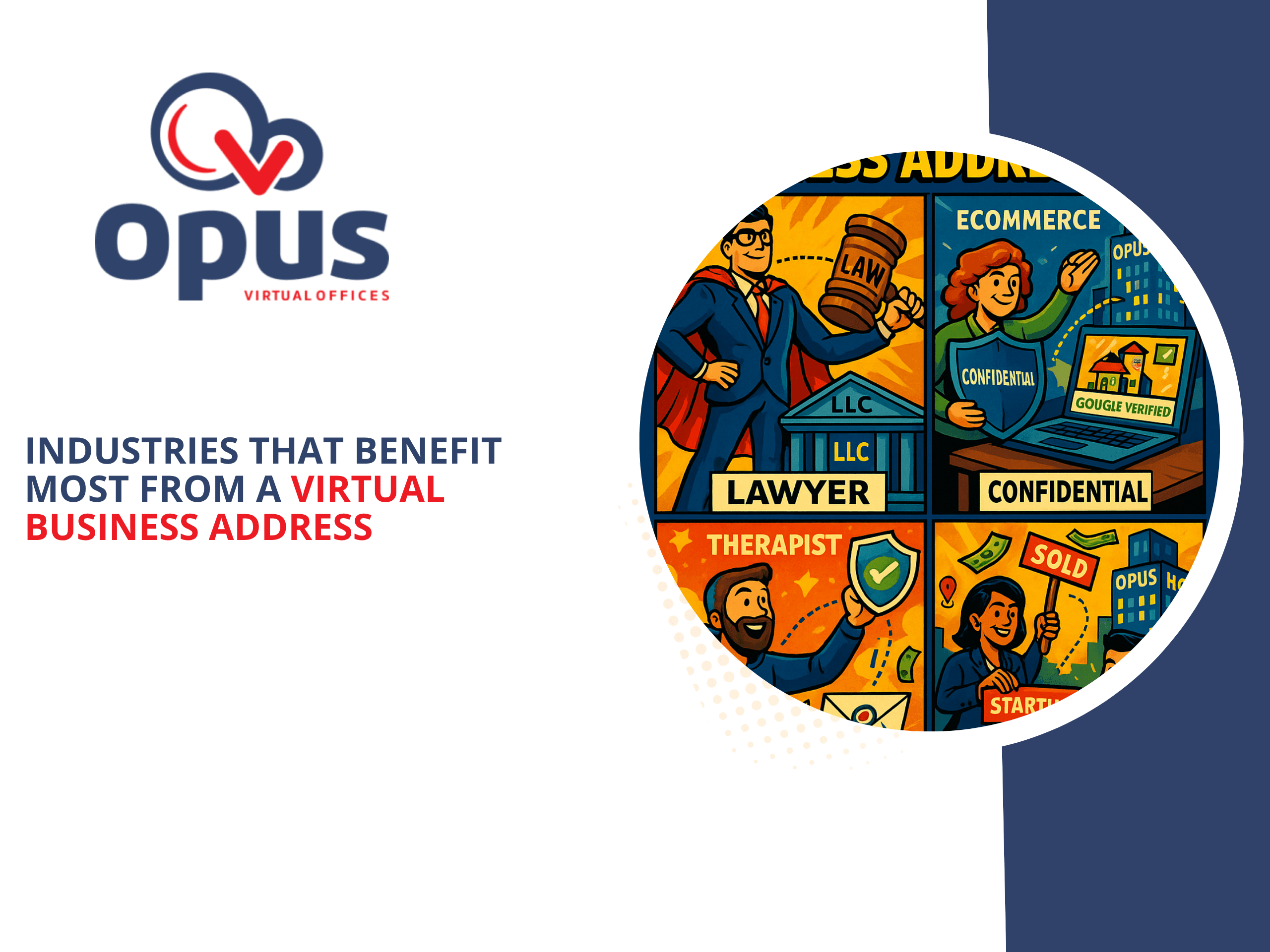 Comic-style illustration showing professionals from law, eCommerce, therapy, consulting, real estate, and tech benefiting from a virtual business address for their companies