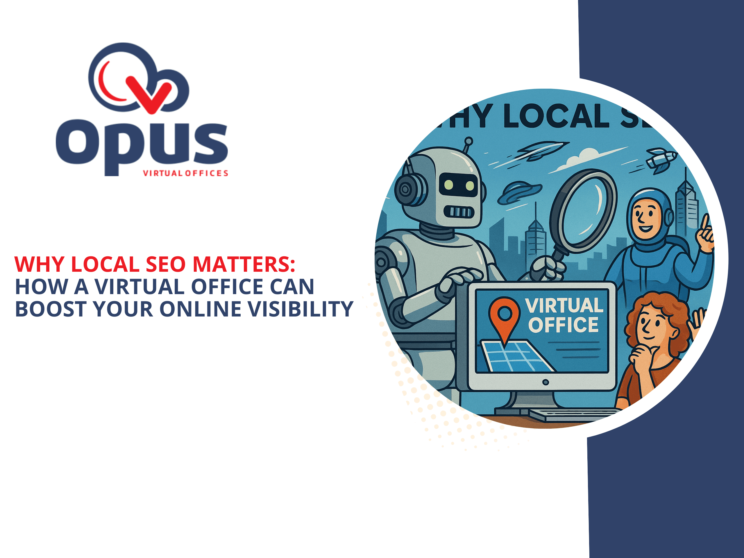 A vibrant digital illustration showing a business using a virtual office to boost local SEO. A city skyline looms behind a sleek “Opus Virtual Office” building with map pins, five-star reviews, and glowing Wi-Fi signals flying out like SEO boosters. Entrepreneurs stand confidently below, checking phones and laptops as their business appears in the Google 3-pack. A search engine robot gives a thumbs-up while a competitor business looks on in shock.