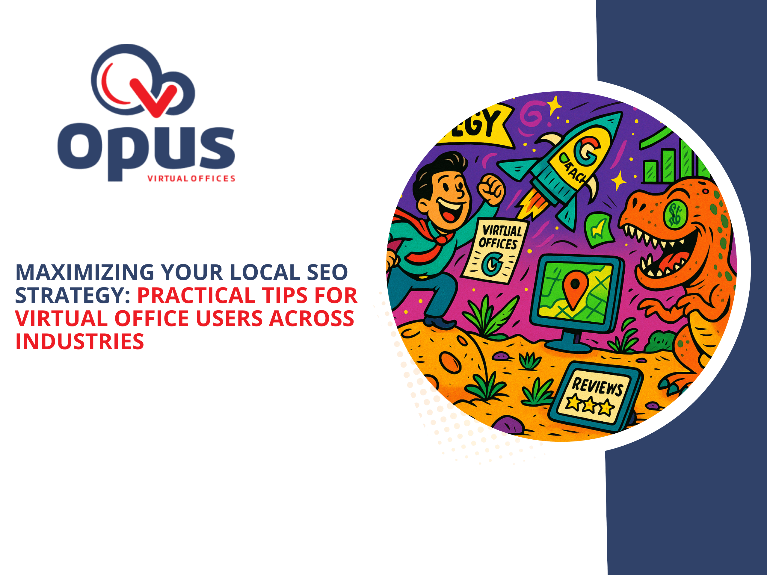 Cartoon superhero uses virtual address and local SEO in a dino-filled desert with a dollar-eyed T-Rex and SEO rocket