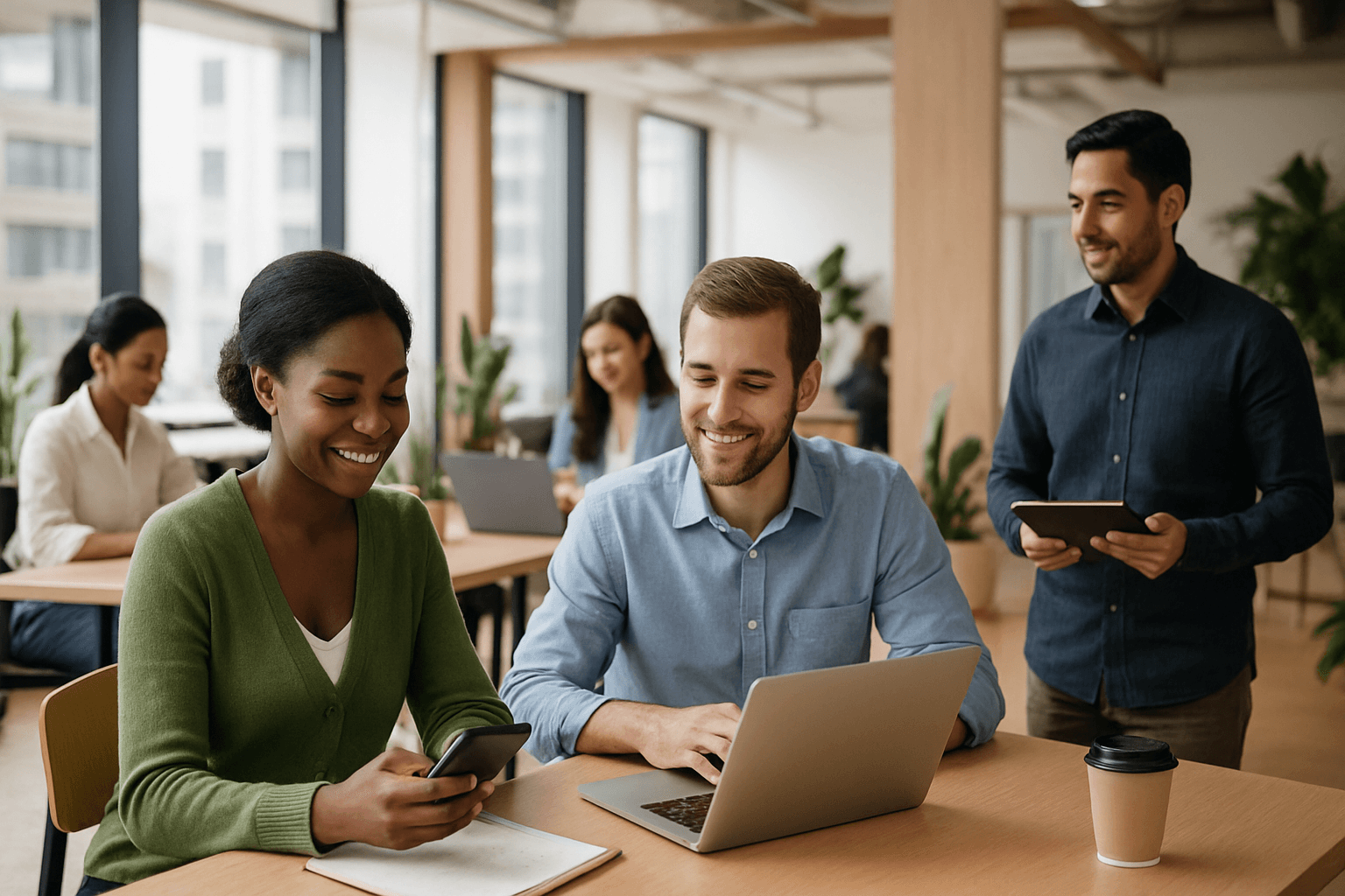 Team meeting at an Opus Virtual Office discussing the process of renting a virtual workspace, with a city skyline in the background.