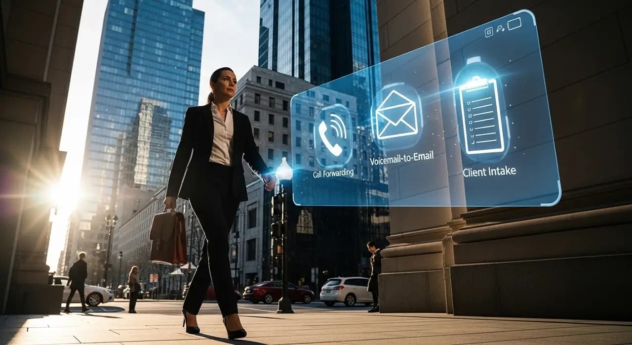 Attorney leaving courthouse with briefcase and virtual receptionist interface showing call forwarding, voicemail-to-email, and client intake at Opus Virtual Office