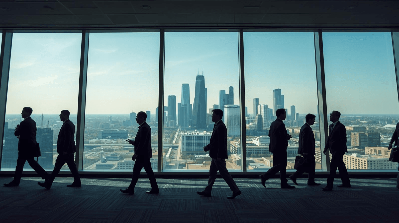 people walking by city of houston in office setting