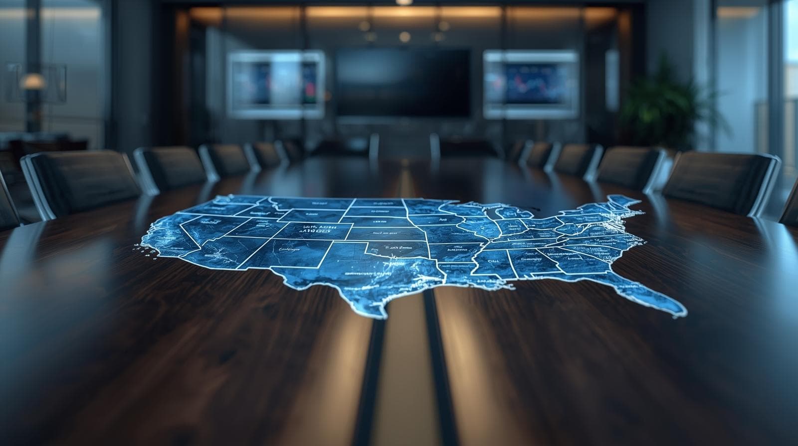 Modern boardroom table displaying a digital U.S. map, representing nationwide Opus Virtual Office locations and strategic presence.