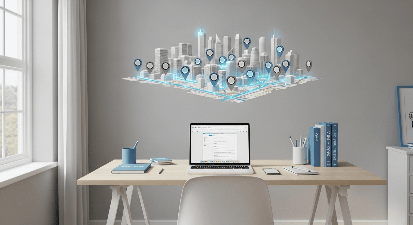 Modern minimalist home office with a digital city map and location pins floating above, illustrating the nationwide presence of Opus Virtual Office.