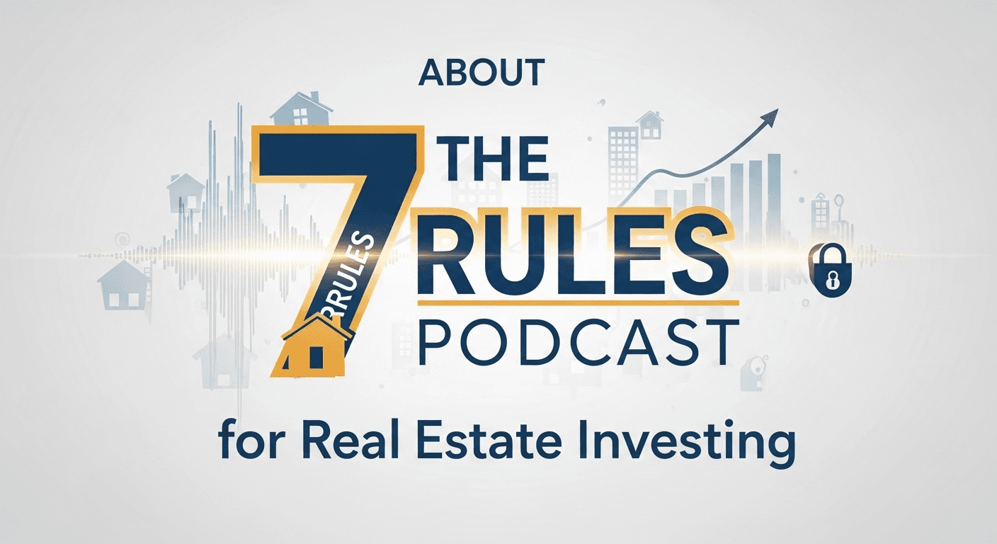 The 7 Rules Podcast logo for real estate investing, featuring audio waveforms, growth charts, and housing icons, aligned with Opus Virtual Office services.