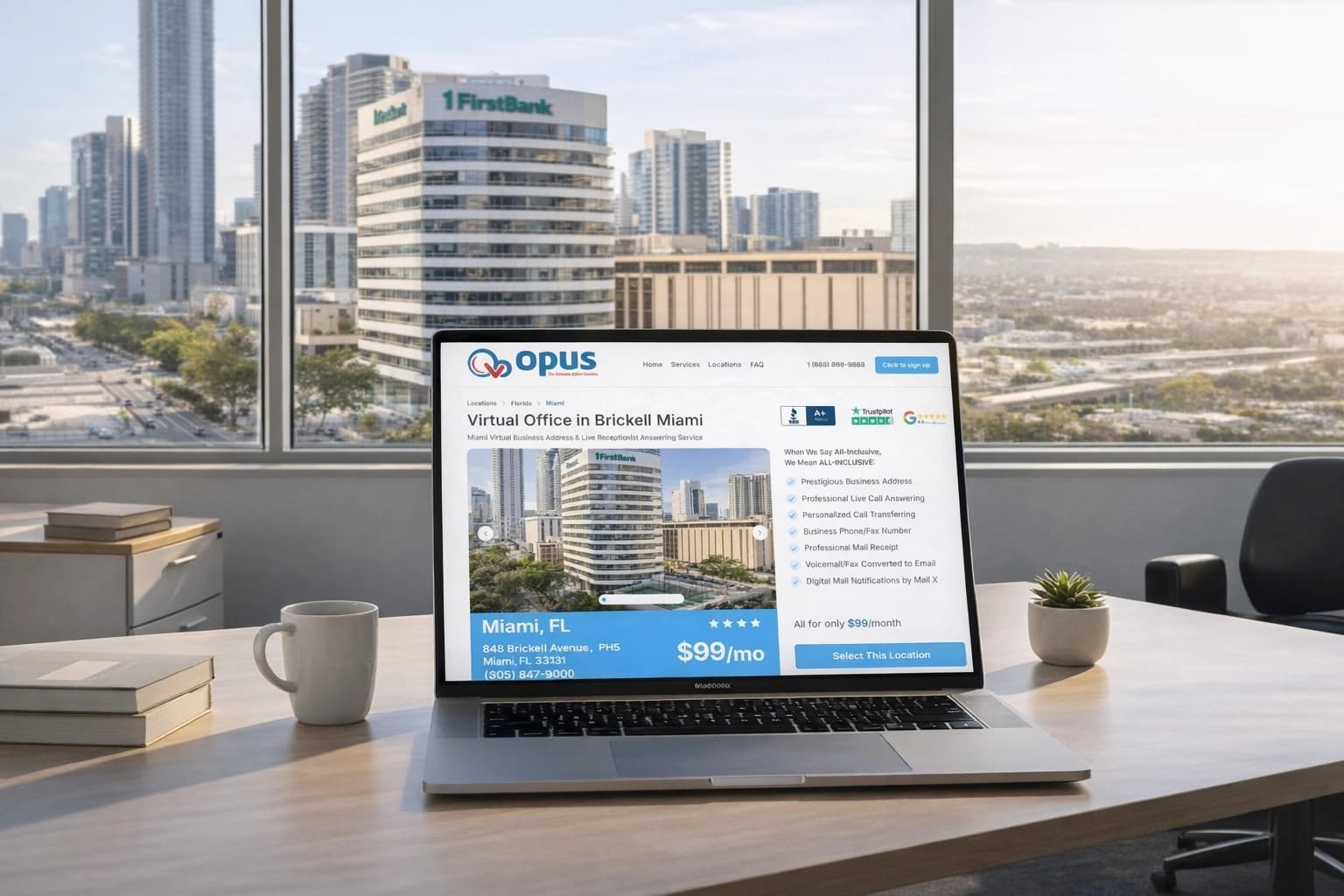 Laptop on an office desk displaying a virtual office in Brickell Miami webpage with the Miami skyline visible through large windows