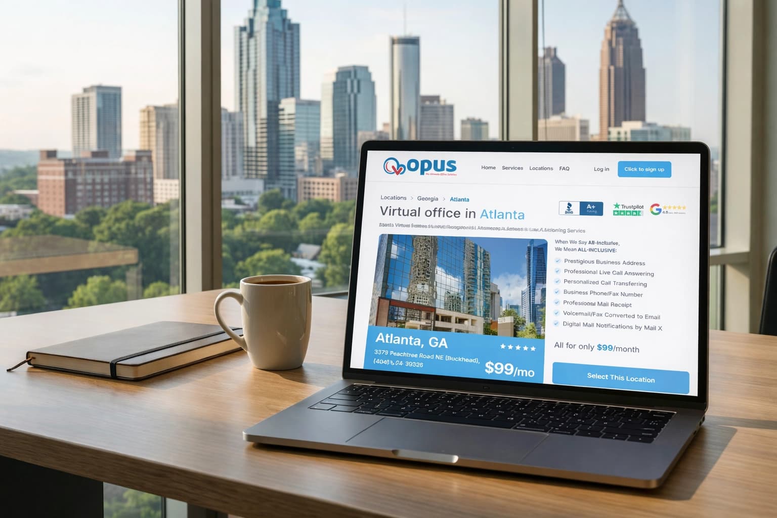 Laptop displaying an Atlanta virtual office webpage with downtown Atlanta skyline in the background