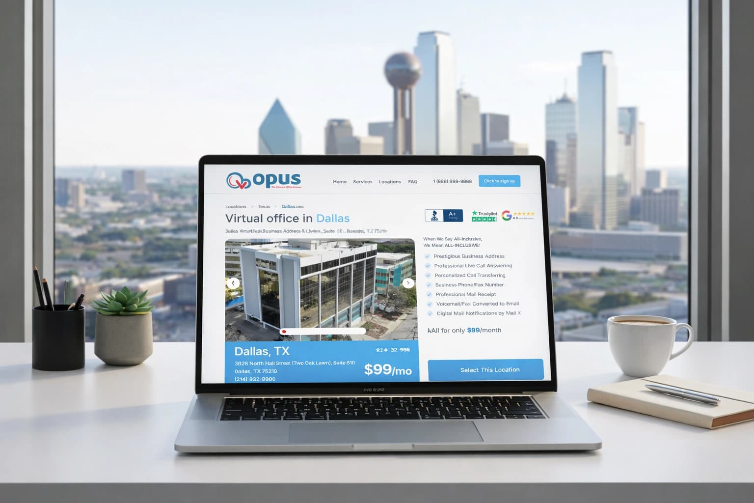 Laptop displaying a Dallas virtual office webpage with downtown Dallas skyline visible through the window