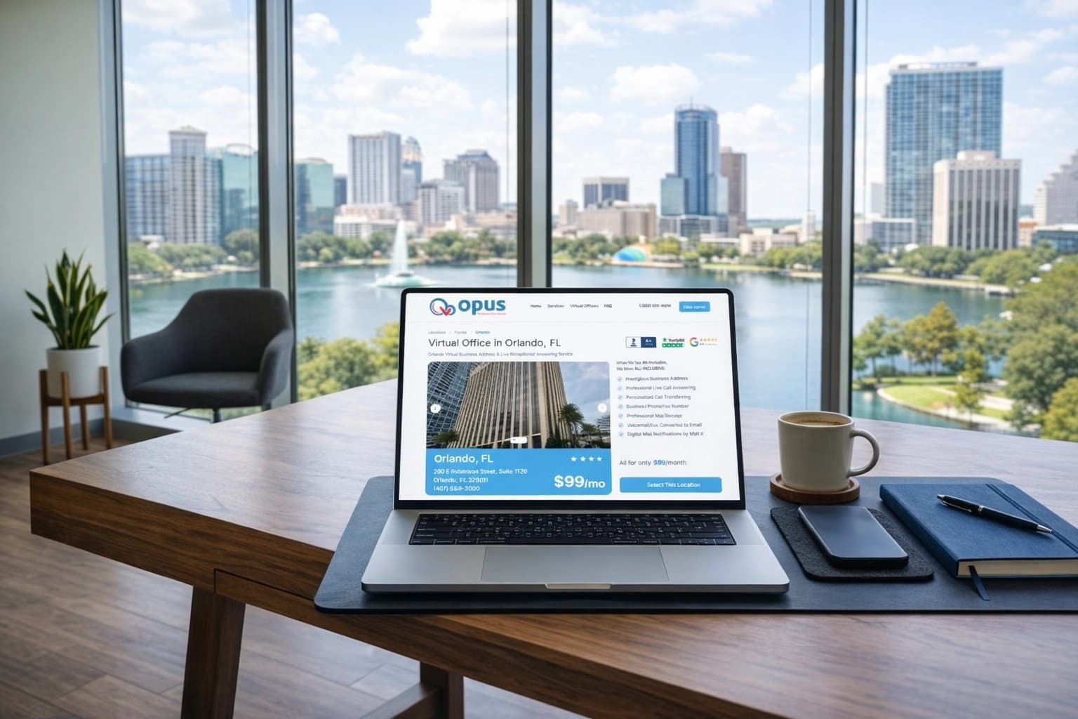 Laptop displaying Opus Virtual Offices Orlando location page on a desk with Lake Eola and downtown Orlando skyline in the background.