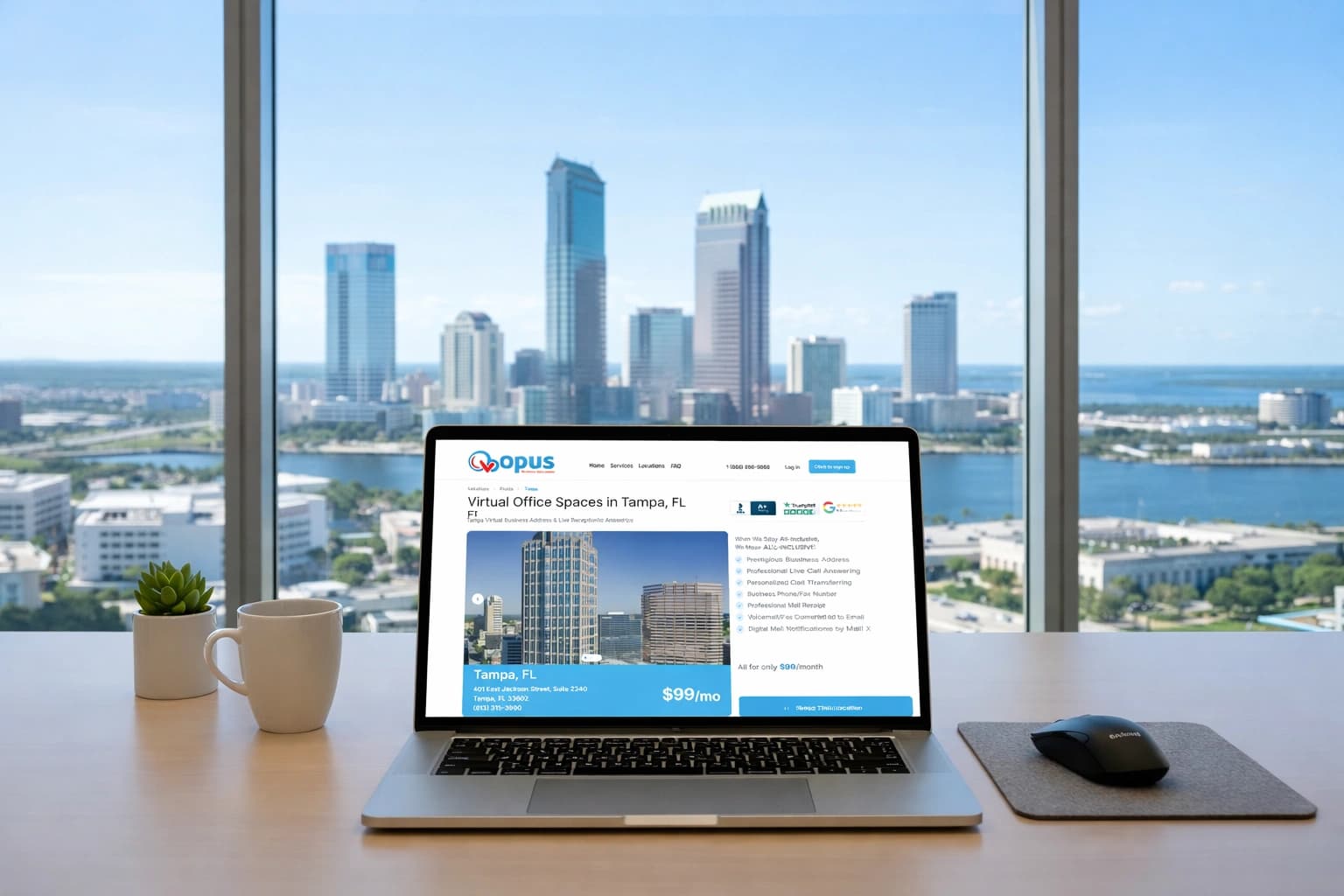Laptop displaying virtual office services in Tampa with downtown Tampa skyline view