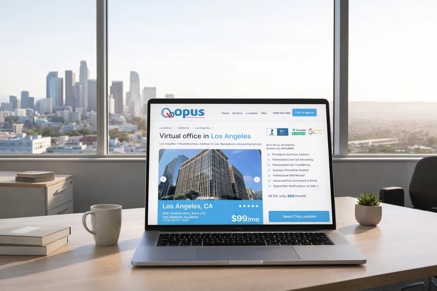 Laptop on a desk displaying a virtual office in Los Angeles webpage with the Los Angeles skyline visible through the window