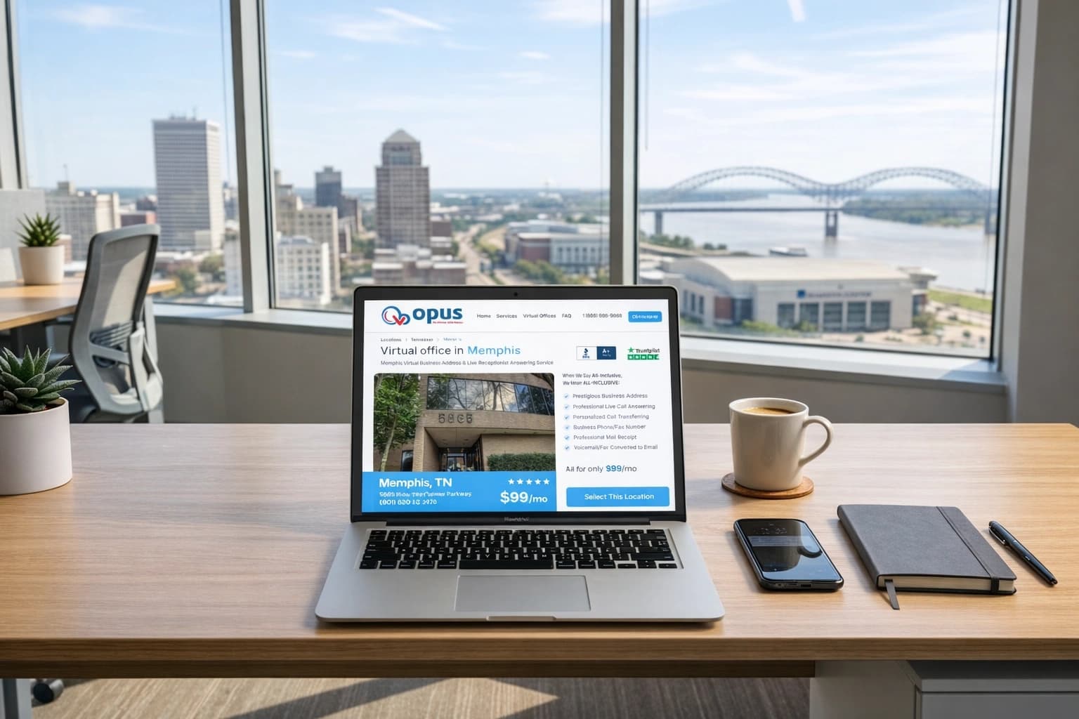 Laptop displaying Opus Virtual Office in Memphis webpage on desk with coffee, phone, and notebook, overlooking Memphis skyline and river bridge.