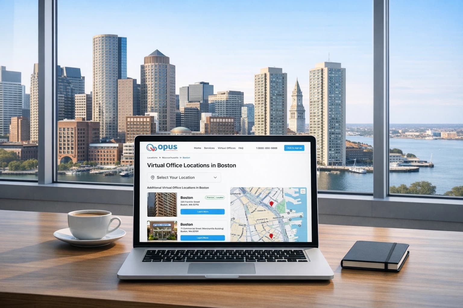 Laptop displaying Boston virtual office locations with skyline view