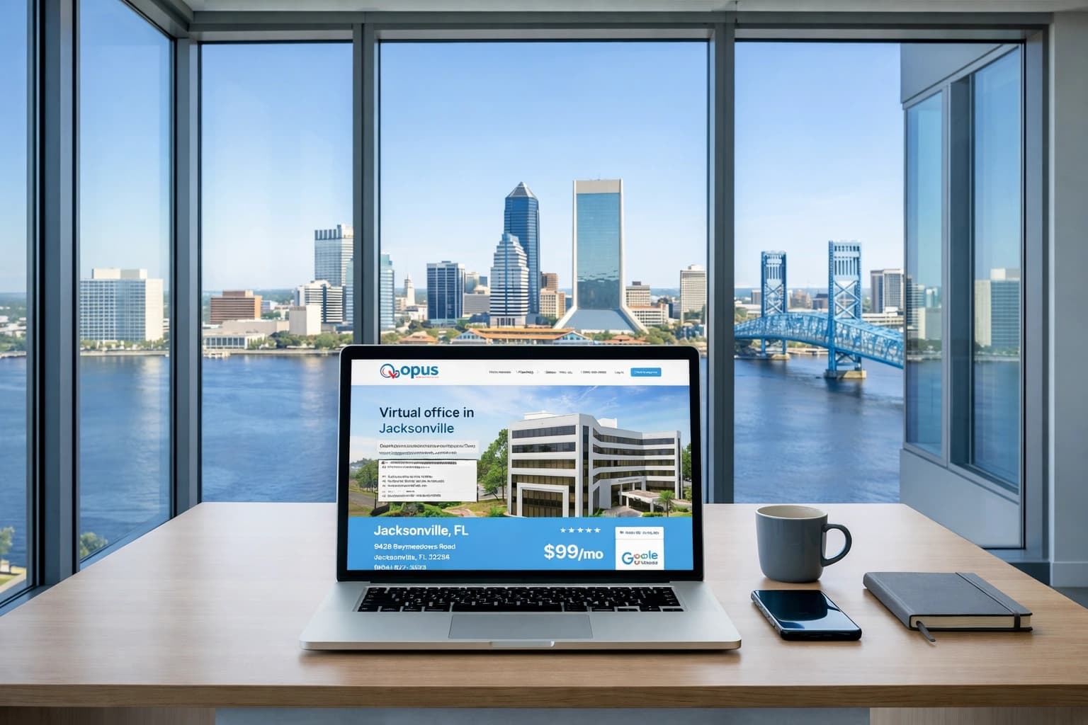 Opus Virtual Offices Jacksonville FL website shown on laptop with downtown Jacksonville skyline in background