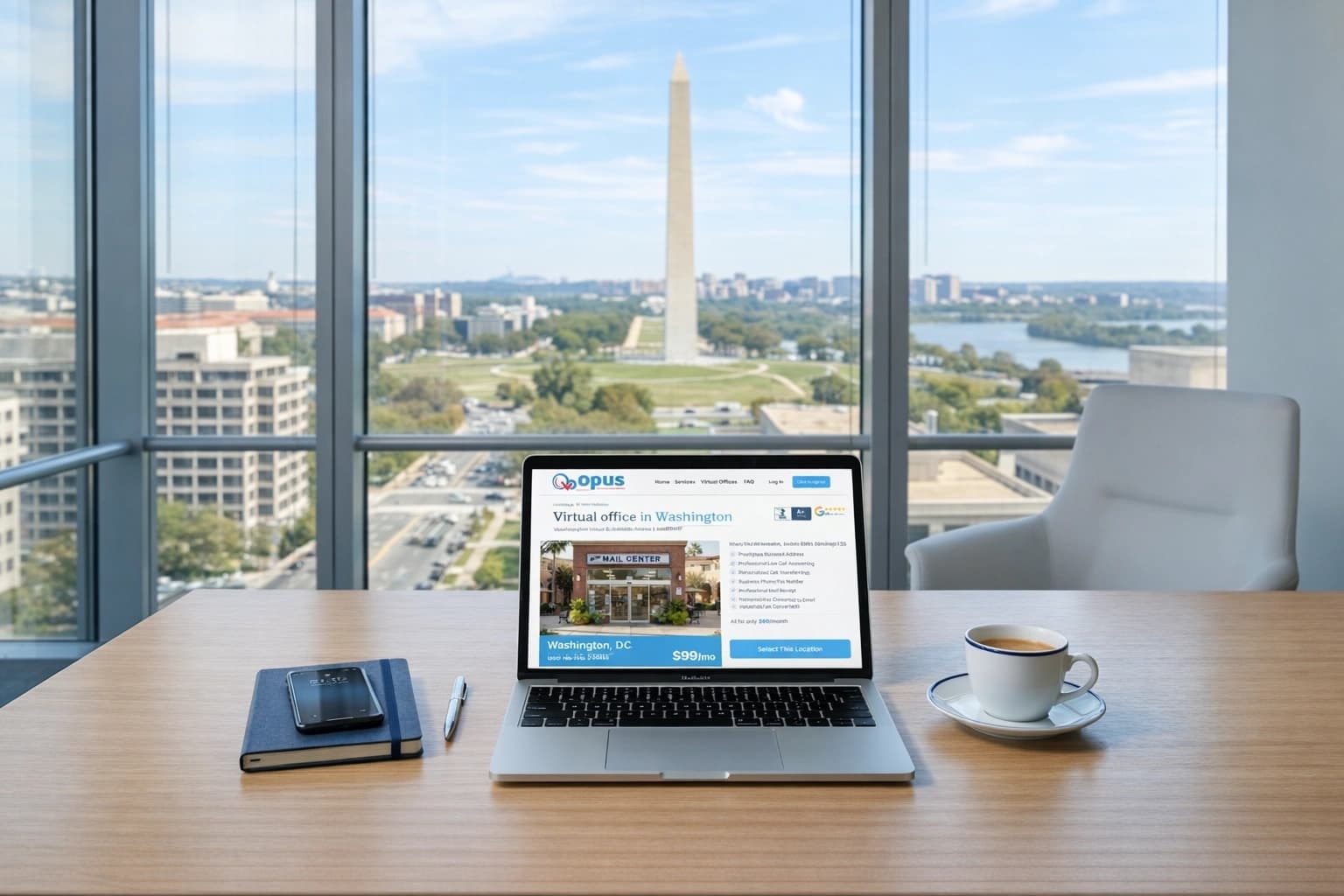Laptop displaying Opus Virtual Offices Washington DC location page at $99/month with Washington Monument view in background