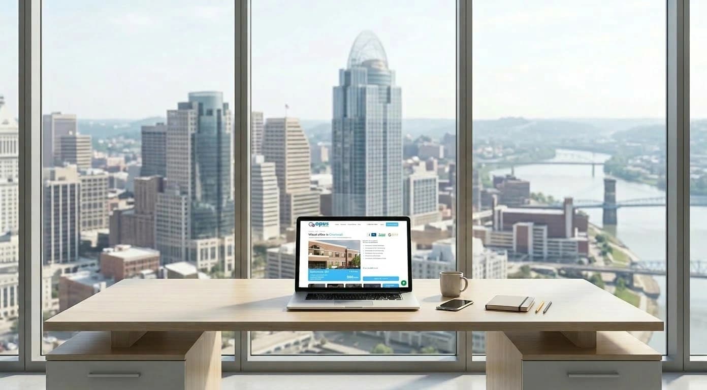 Opus Virtual Offices Cincinnati location page on laptop with Cincinnati skyline in background