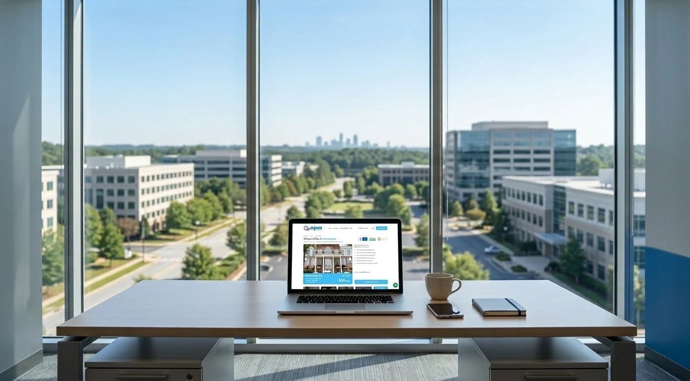 Laptop displaying Opus Virtual Offices Kennesaw GA website with suburban office park and Atlanta skyline visible through floor-to-ceiling windows